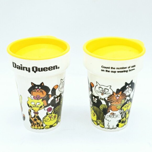 Vintage Dairy Queen Cat Plastic Cup Set Lids Small Limited Edition 2 USA AOP MCM - Picture 7 of 16